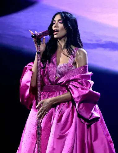 Poznato je da je Dua Lipi jedna od glavnih glazbenih inspiracija legendarna Rihanna, a u ovom joj je oufitu dala posebnu počast. Naime, Rihanna se sama nebrojeno puta na crvenim tepisima i nastupima pojavljivala u glomaznim, raskošnim i nerijetko ekscentričnim haljinama roze boje, a Dua je sada nastavila kročiti njezinim stopama. Ovaj je predimenzionirani kostim/haljina roze boje obasula kristalićima i tako mu podarila svoj pečat, istovremeno kopiravši Riri. 