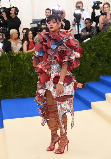 Zločesta cura svijeta show businessa, Rihanna, poznata je po svom atipičnom stilu odijevanja i uvijek hrabrim lookovima. Tako se i na Met Gali 2017. pojavila u ovoj kreaciji koju su modni stručnjaci proglasili &quot;jedva gledljivom&quot;. Rastrgana haljina floralnog printa, detalji trapera i štikle koje se vežu oko bedara bili su ključni elementi ovog outfita. 