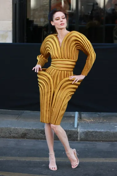 Manekenka Coco Rocha privlačila je poglede u odvažnoj kreaciji u zlatnoj nijansi, s teksturiranim detaljima koji su ujedno i zaštitni znak dizajnera Jeana Paula Gaultiera.