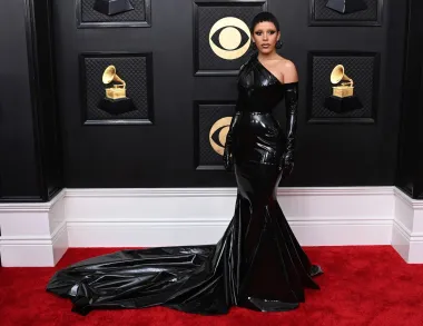 Pjevačica i reperica Doja Cat stigla je na dodjelu Grammyja u crnoj haljini od lateksa i rukavicama. Haljinu na jedno rame s potpisom Ateliera Versace uparila je s rukavicama do ramena i neobičnim crnim naušnicama.