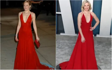 Glumica Elizabeth Banks prvi je put nosila ovu crvenu haljinu s naramenicama na Vanity Fair Oscar partyju 2004. godine. Haljinu je dizajnirao Badgley Mischka, a ponovno ju je odjenula na dodjeli Oscara 2020. &quot;Predivna je i pristaje mi... pa zašto ju ne bih nosila ponovno&quot;, napisala je glumica na svom Instagram profilu.
