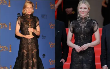 Glumici Cate Blanchett &apos;recikliranje&apos; svojih outfita nije strano. Nosila je ovu Armani haljinu od crne čipke kada je 2014. dobila Zlatni globus za najbolju glumicu u filmu &apos;Blue Jasmine&apos;. A četiri godine kasnije, 2018., ponovno je odjenula crnu Armanijevu haljinu tijekom Cannes Film Festivala. No, to nije bio jedini put da se pojavila u istom outfitu na crvenom tepihu.