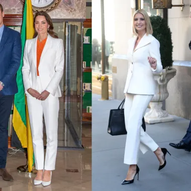 Ivanka je 2019. godine zasjala u elegantnom bijelom odijelu u New Yorku. Stilizirani sako imao je suženi kroj s metalnim srebrnim gumbima, a kombiniran je s crnim lakiranim cipelama i poslovnom kožnom torbom. Kate je odabrala Alexander McQueen odijelo tijekom svoje kraljevske turneje po Jamajci. Izgled je upotpunila narančastim topom koji je osvježio neutralnu kombinaciju. 
