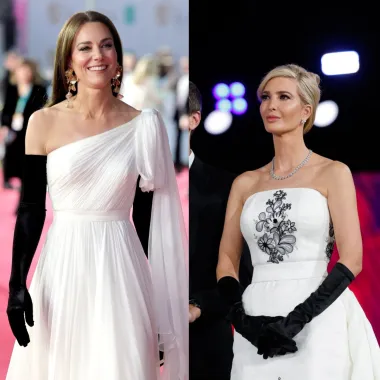 Kate je za dodjelu filmskih nagrada BAFTA 2023., odabrala zapanjujuću bijelu Alexander McQueen haljinu s jednim ramenom. Ivanka je svojom haljinom prizvala glamur starog Hollywooda u Givenchy Haute Couture haljini koju je nosila na inauguraciji Donalda Trumpa ove godine. Dame su outfit začinile crnim elegantnim rukavicama. 