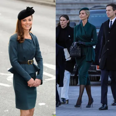 Kate u prepoznatljivom zelenom komplet LK Bennett. Sako je bio naglašen crnim remenom s velikom zlatnom kopčom, a Kate je odabrala crni pillbox šešir s cvjetnim detaljem. Ivanka je odabrala tamnozelenu Dior suknju inspiriranu Diorovom kolekcijom Haute Couture. Izgled je upotpunila odgovarajućim šeširom i crnim kožnim rukavicama, a suknja je bila naglašena tankim crnim remenom, uz elegantnu torbu Lady Dior.